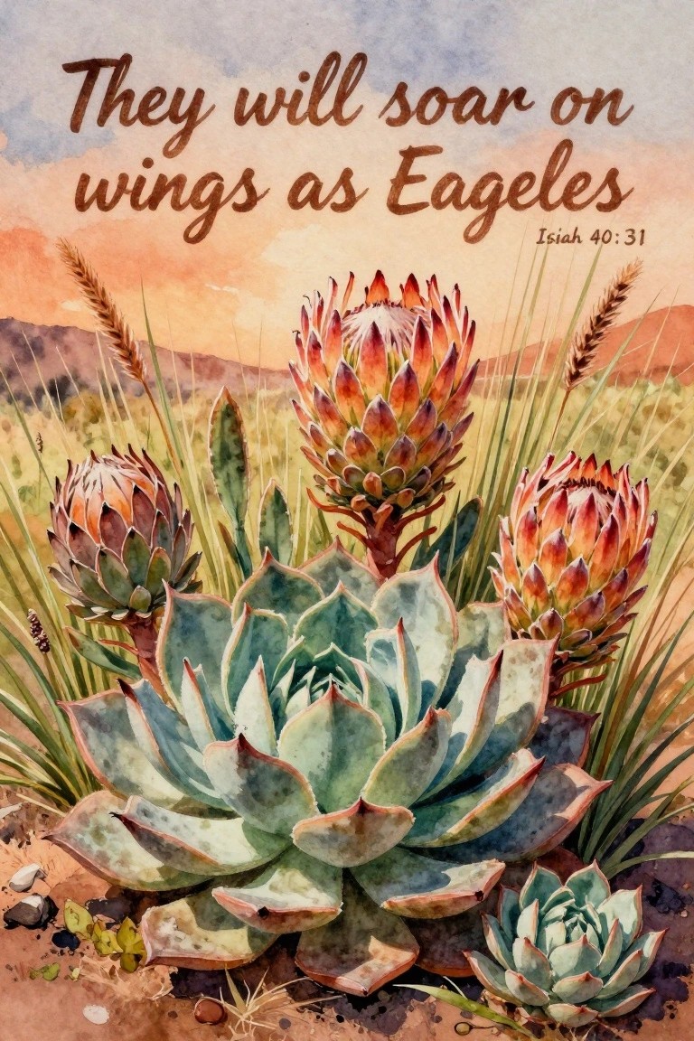 Watercolor succulents blooming in arid landscape with eagle quote at sunset