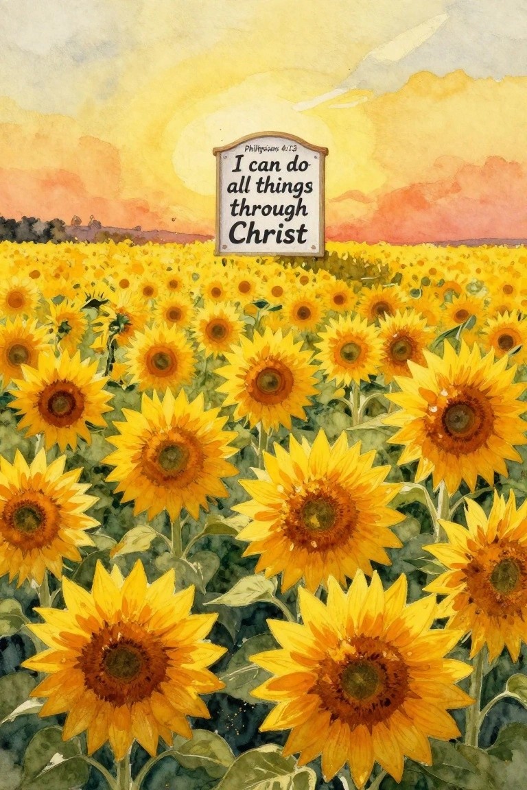 Watercolor sunflower field at sunset with Philippians 4:13 sign in golden light