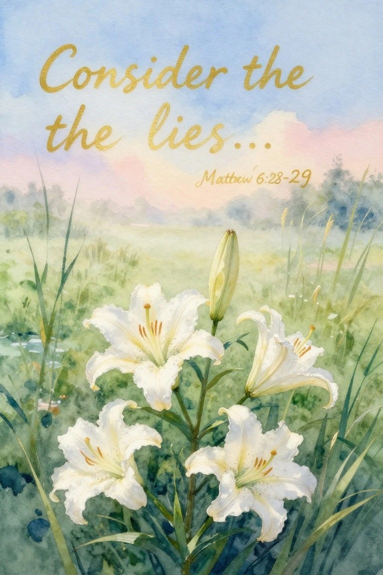Watercolor white lilies blooming in misty green field under pastel sky with gold text