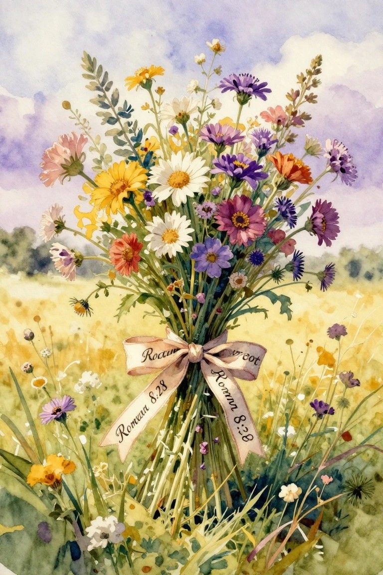 Colorful wildflower bouquet tied with Romans 8:28 ribbon in sunny meadow watercolor