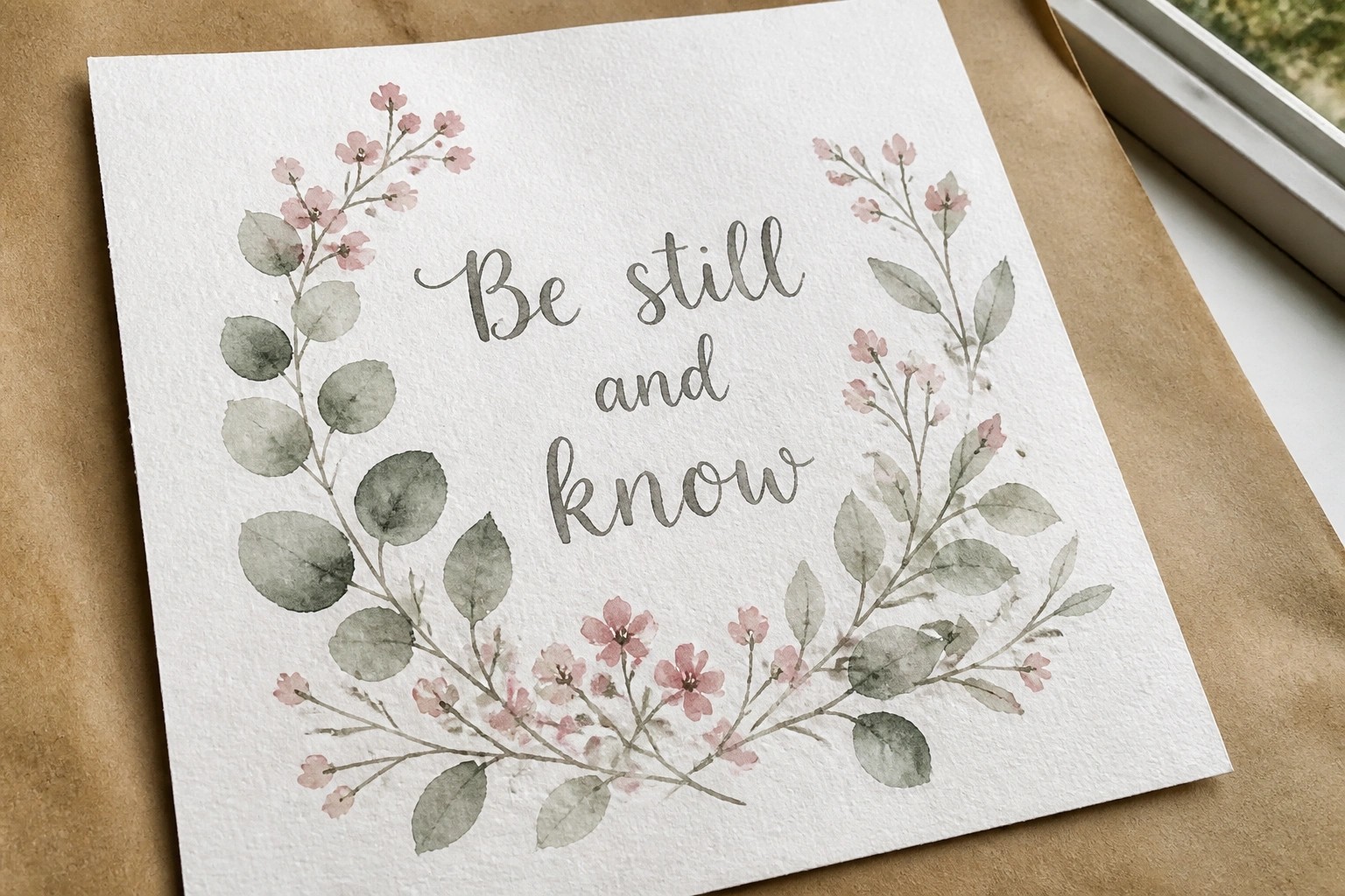 Watercolor wreath of green leaves and pink flowers frames "Be still and know" on white card.