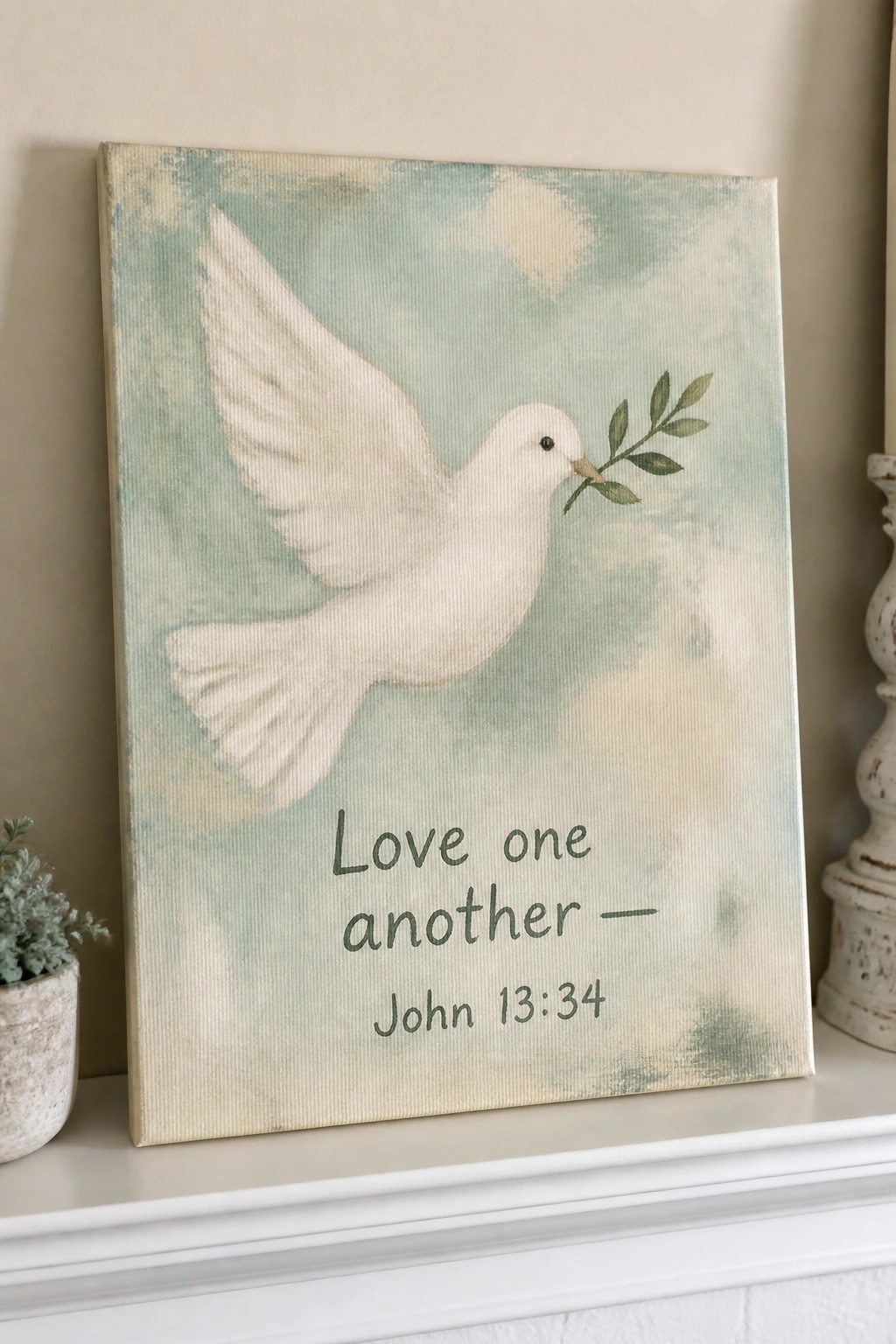 White dove with olive branch on soft blue-green canvas above 