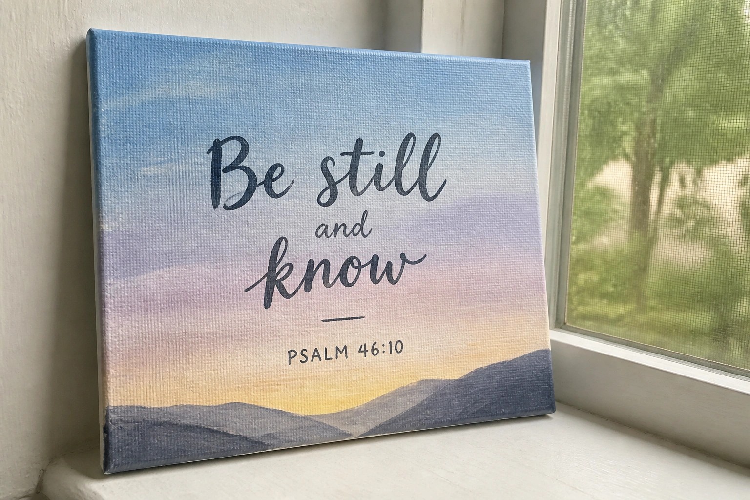 Canvas with "Be still and know - Psalm 46:10" on blue-yellow gradient background