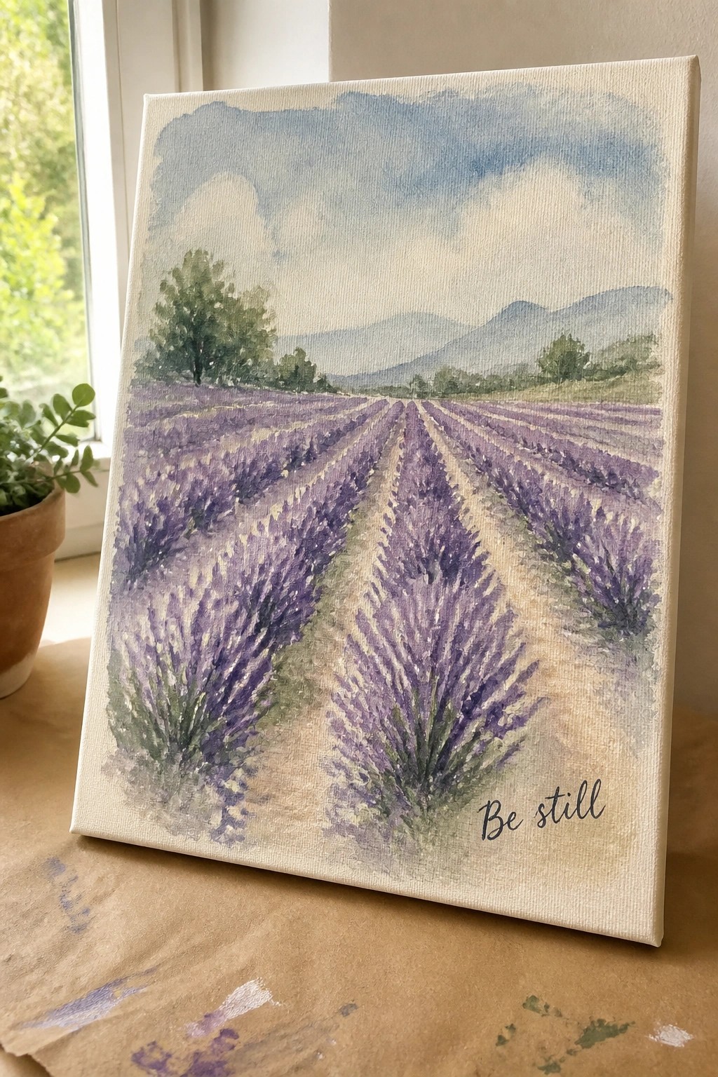Watercolor canvas of purple lavender rows leading to mountains with 
