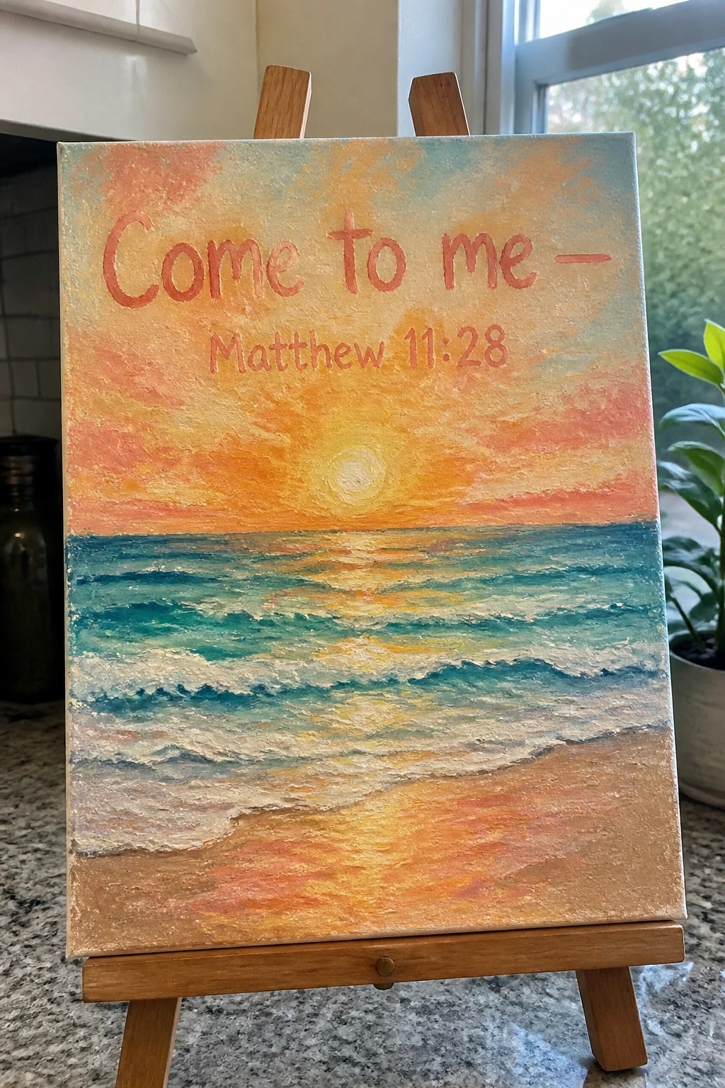 Textured sunset painting on easel with ocean waves and Matthew 11:28 text