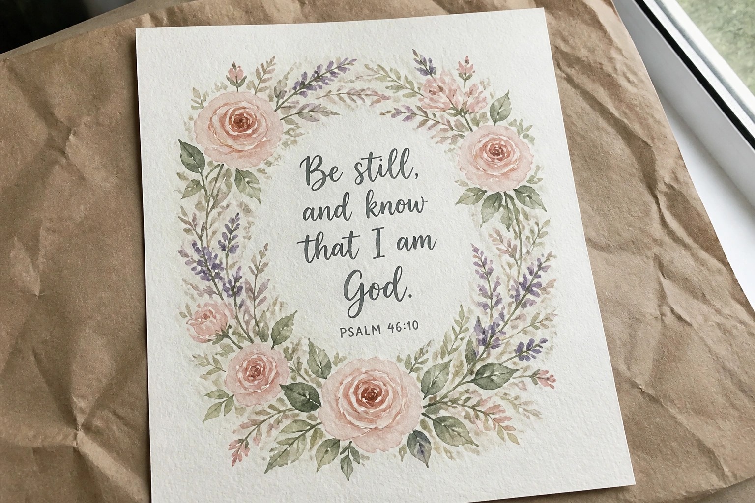 Watercolor floral wreath card with Psalm 46:10 verse on brown paper.
