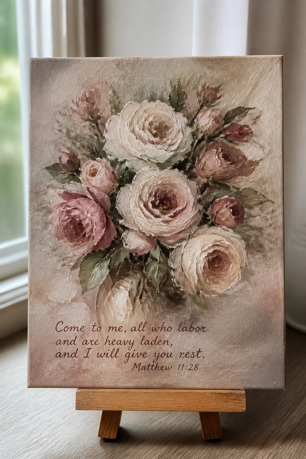 Canvas painting of pink roses with Matthew 11:28 verse on wooden easel.
