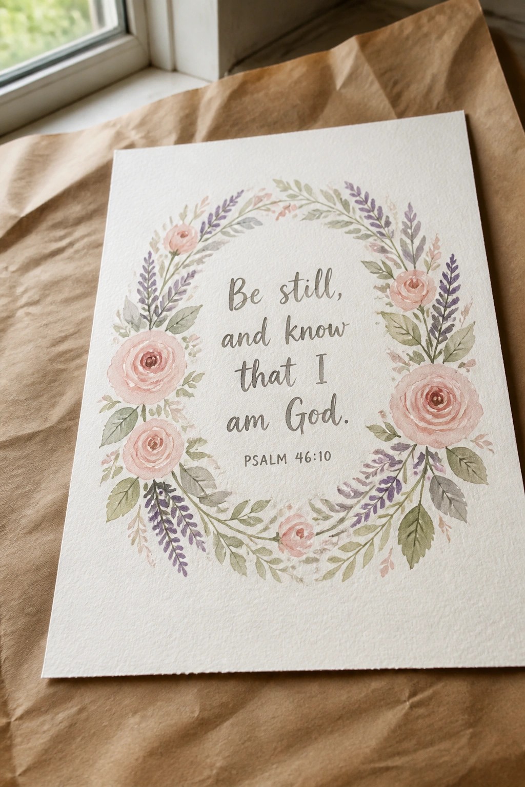 Watercolor floral wreath card with Psalm 46:10 verse on brown paper.