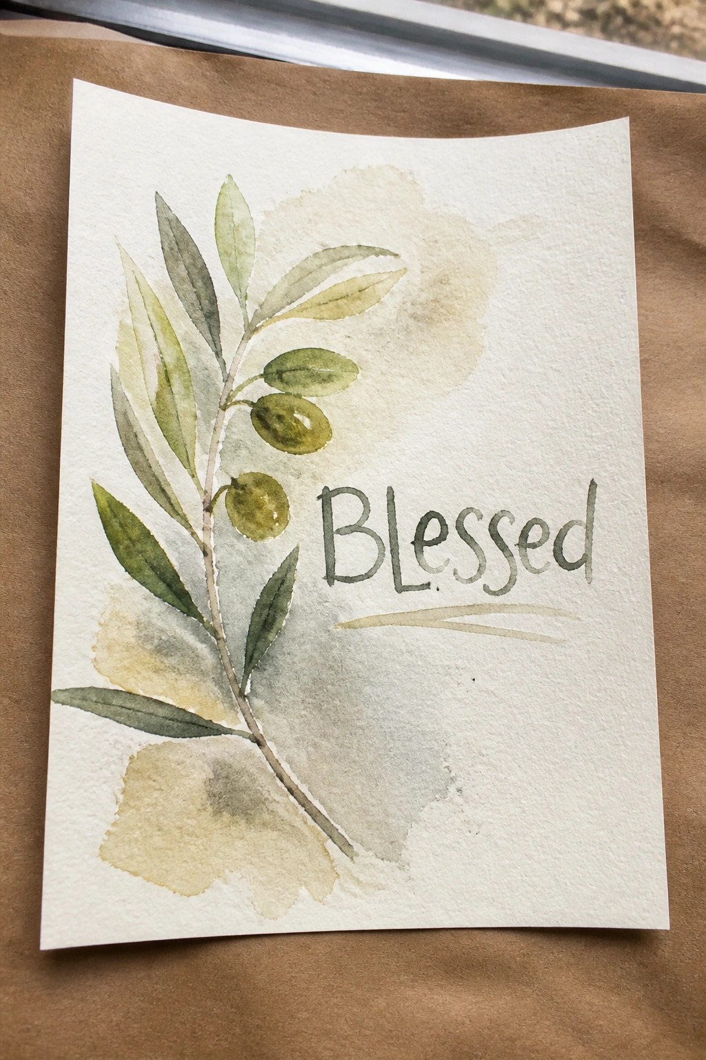 Watercolor olive branch with green leaves and olives beside handwritten