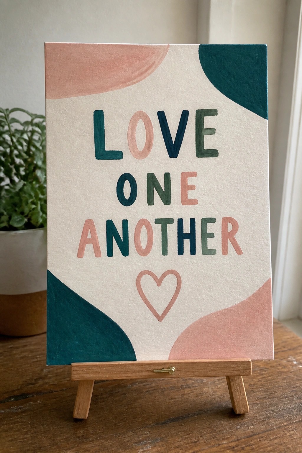 Hand-painted canvas on wooden easel displays