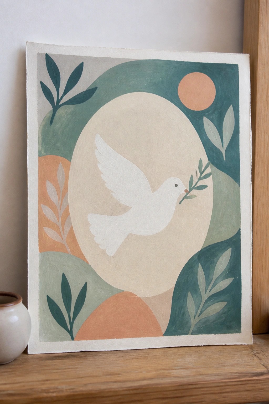 Abstract painting of white dove holding olive branch amid green orange abstract shapes