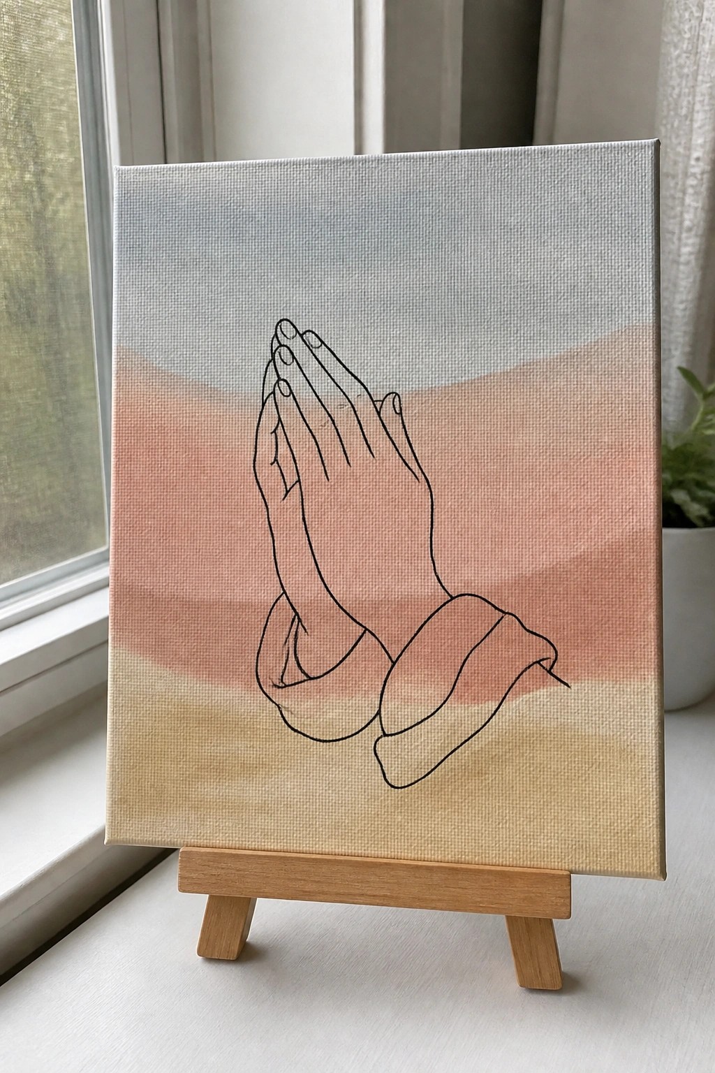 Line art of praying hands on peach and beige gradient canvas atop wooden easel
