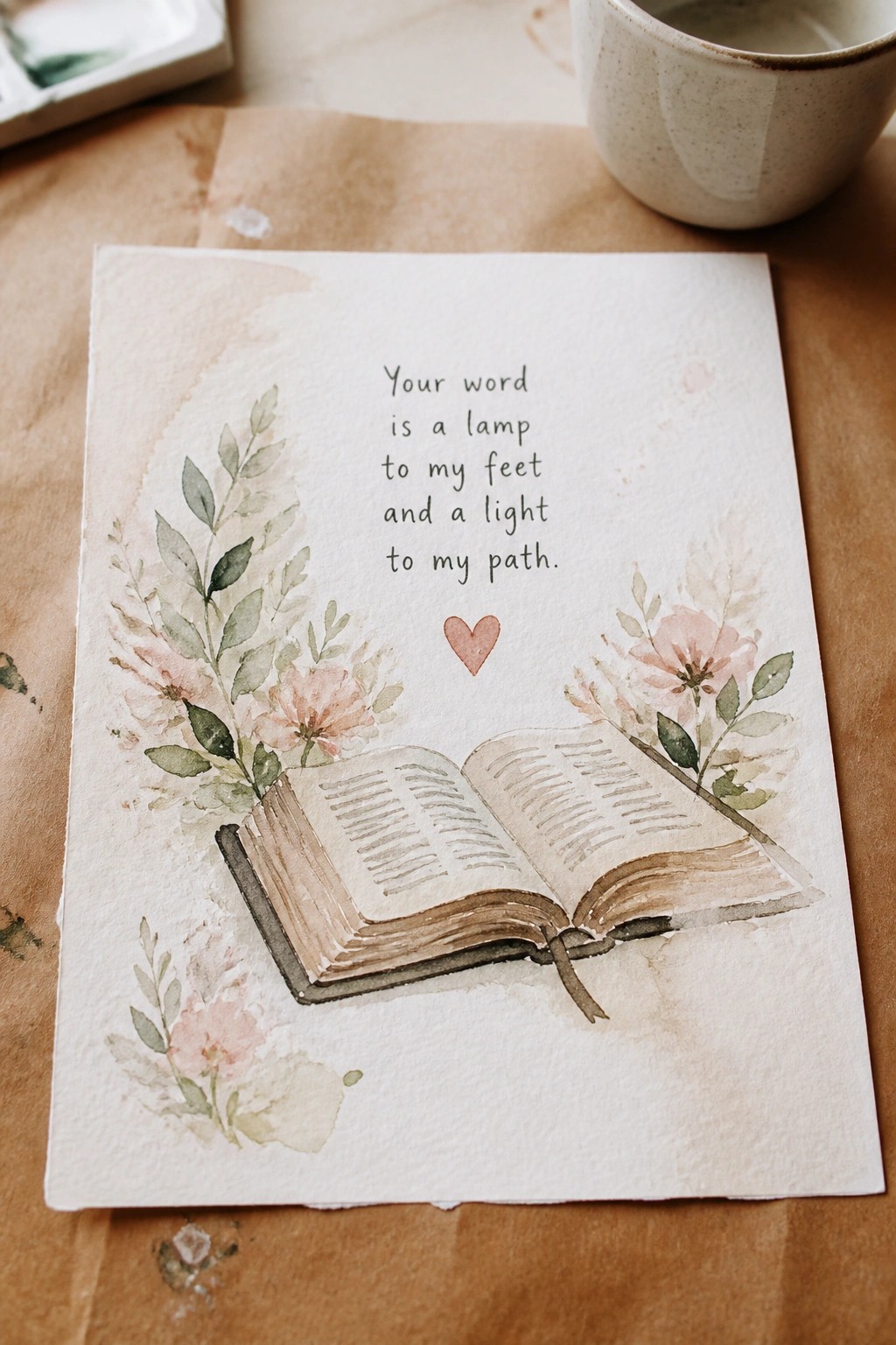 Watercolor artwork of open book with pink flowers, green leaves, heart, and verse on paper