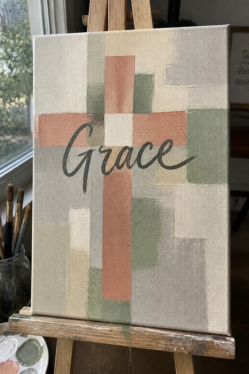 Canvas on easel with abstract cross in soft pastels and cursive Grace.