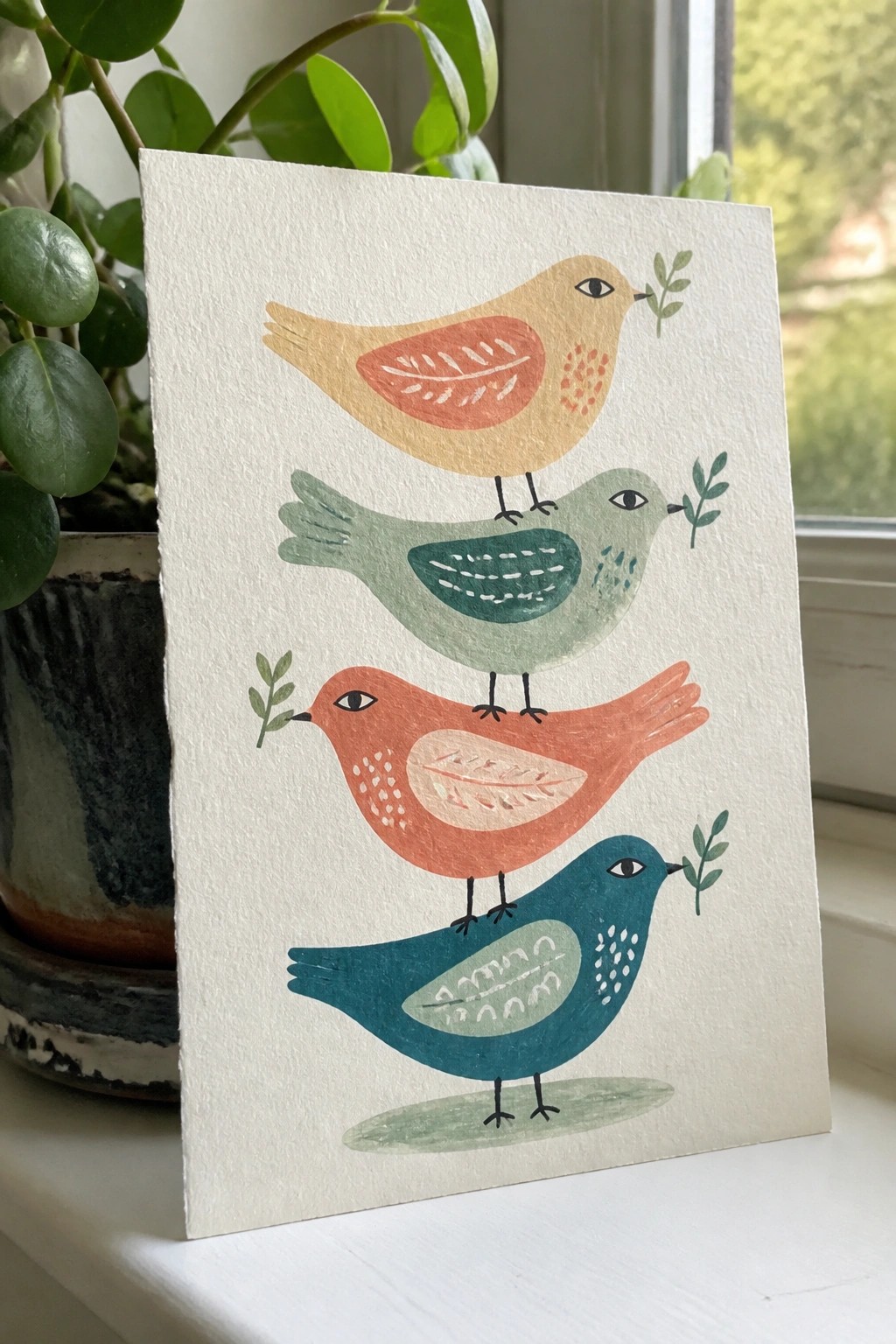 Four stacked colorful birds holding sprigs on a white card by a plant