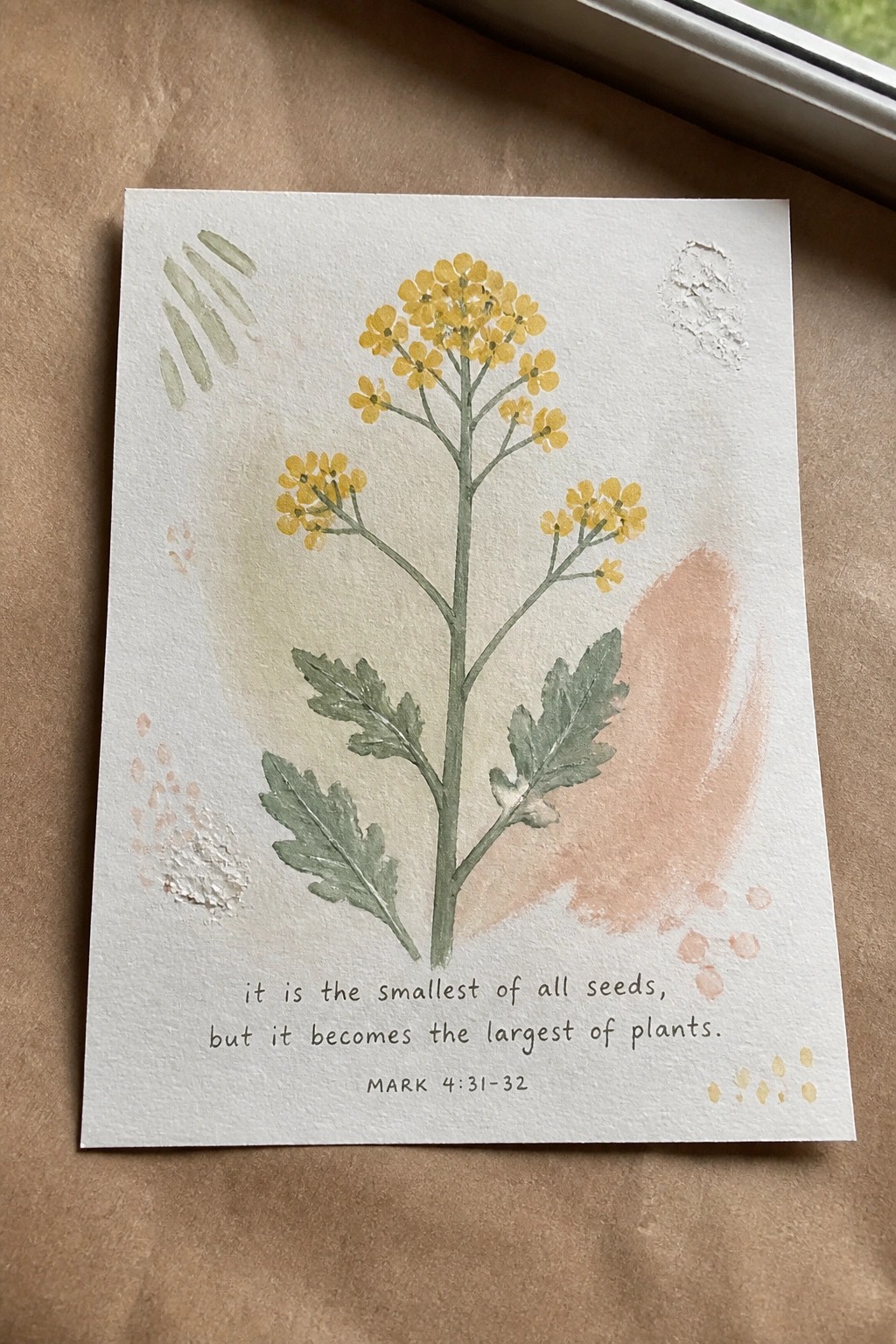 Watercolor of yellow-flowered mustard plant with green leaves and Bible verse text