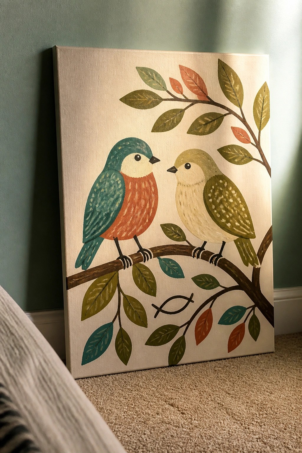Colorful folk art painting of two birds on leafy branch with fish symbol