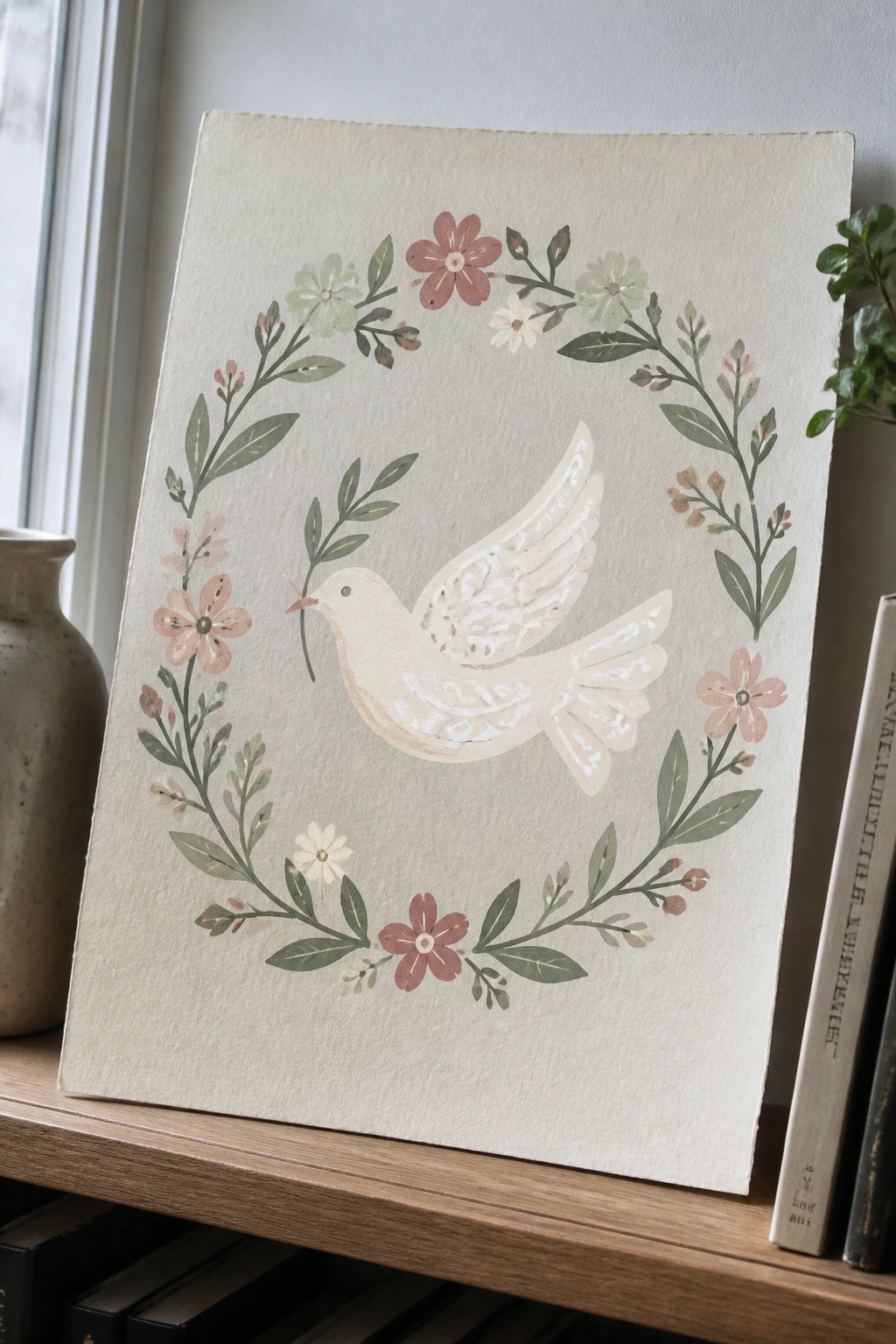 Watercolor dove with olive branch in pink floral wreath on beige paper