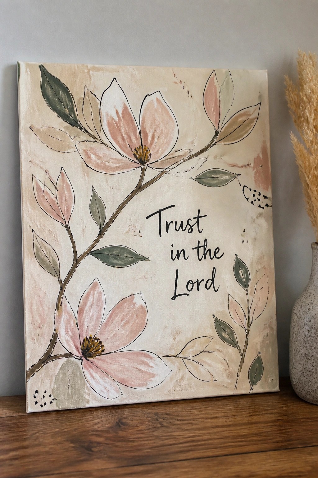 Floral canvas art with pink blossoms and 