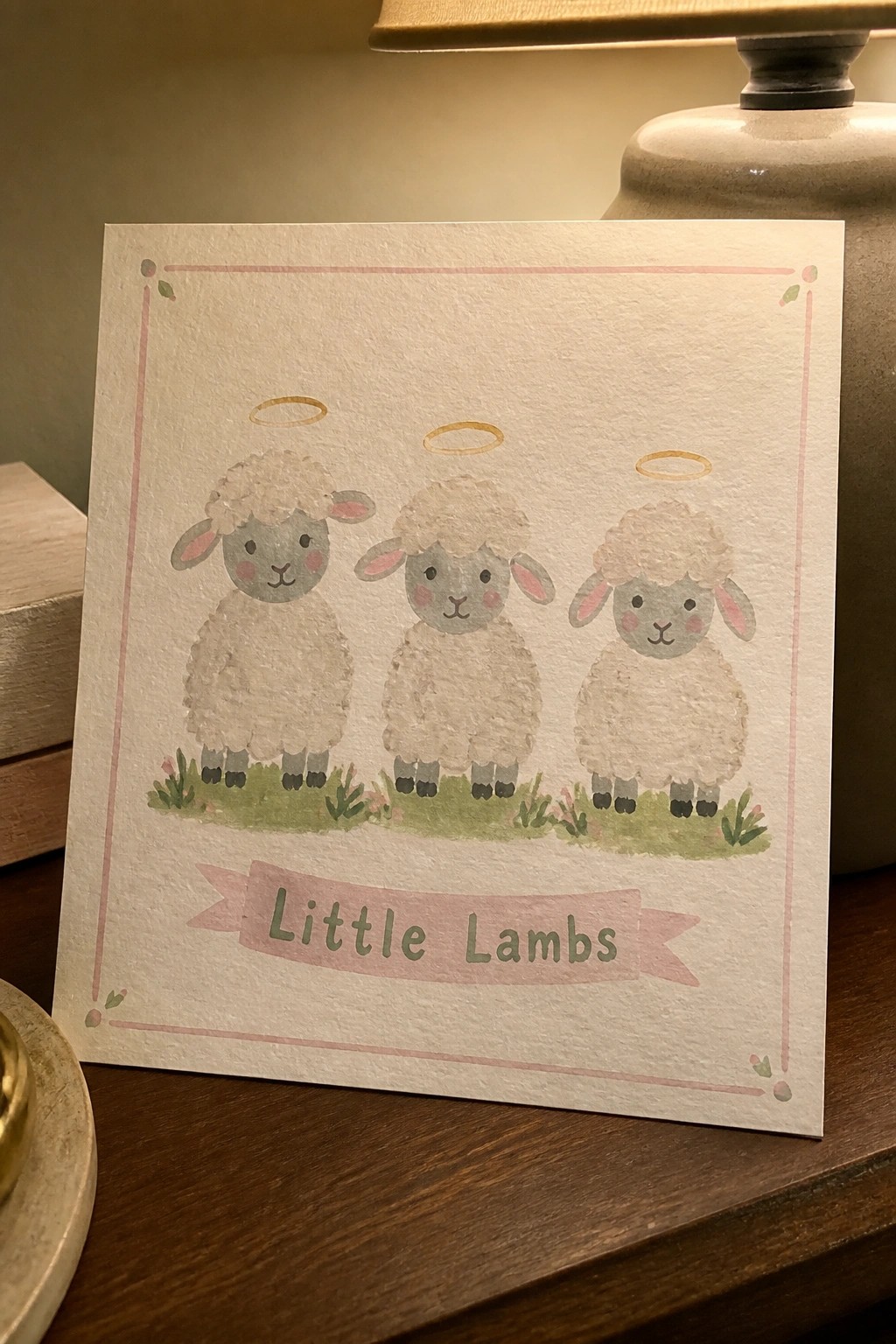 Watercolor card showing three haloed lambs above pink 