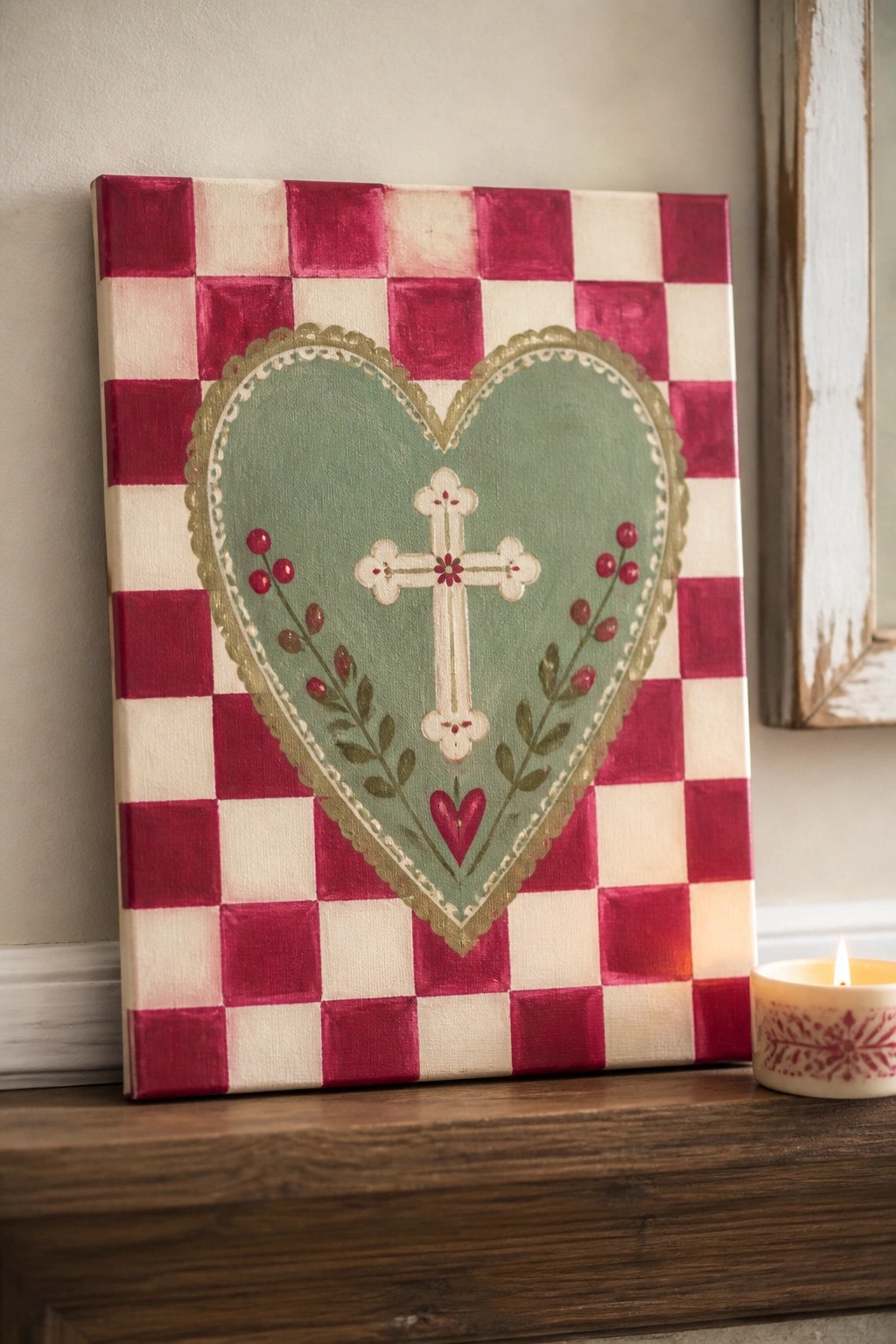 Red checkered canvas with green heart, white cross, berries, and lit candle