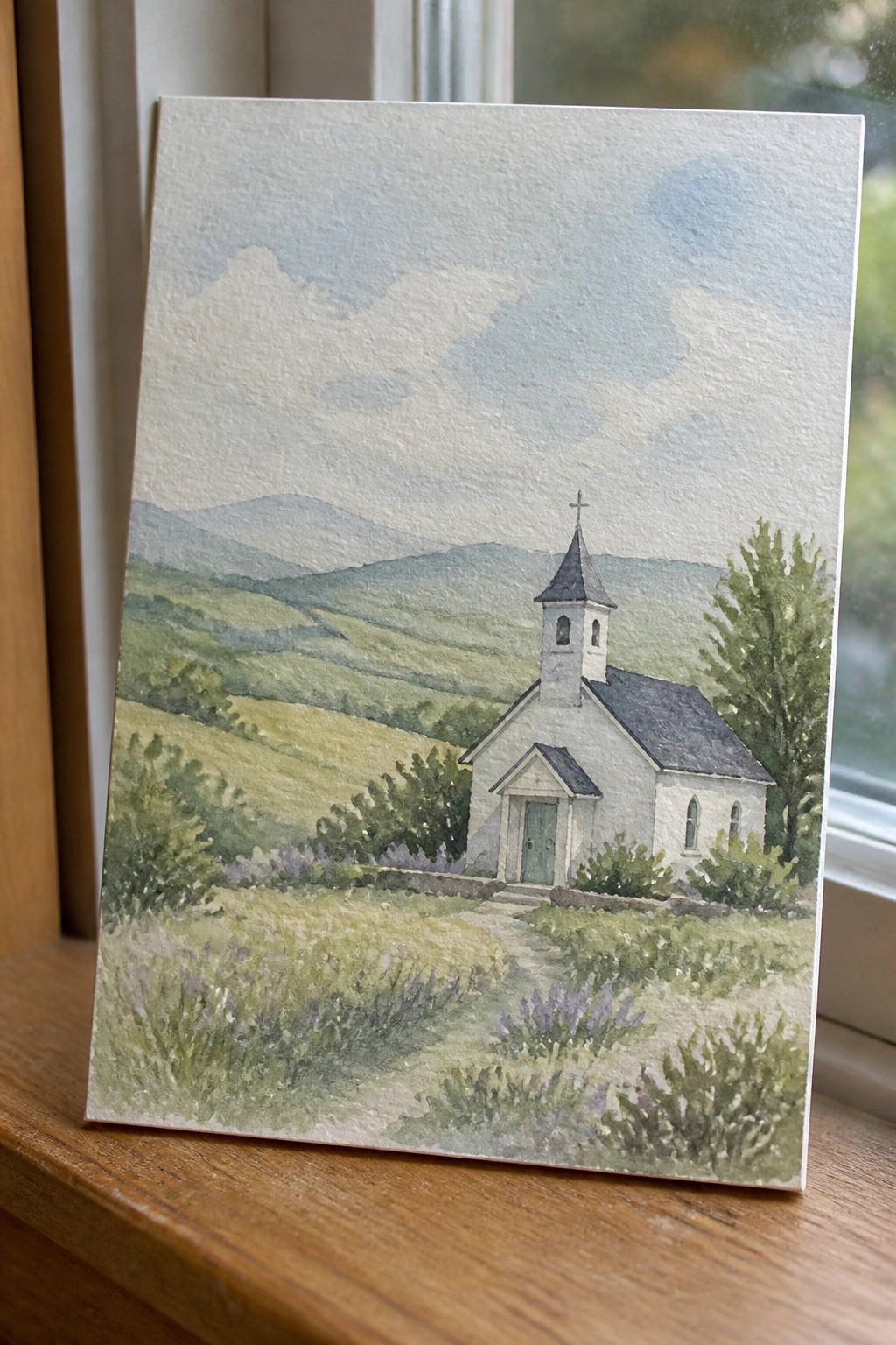 Watercolor of white church with steeple amid rolling green hills and trees