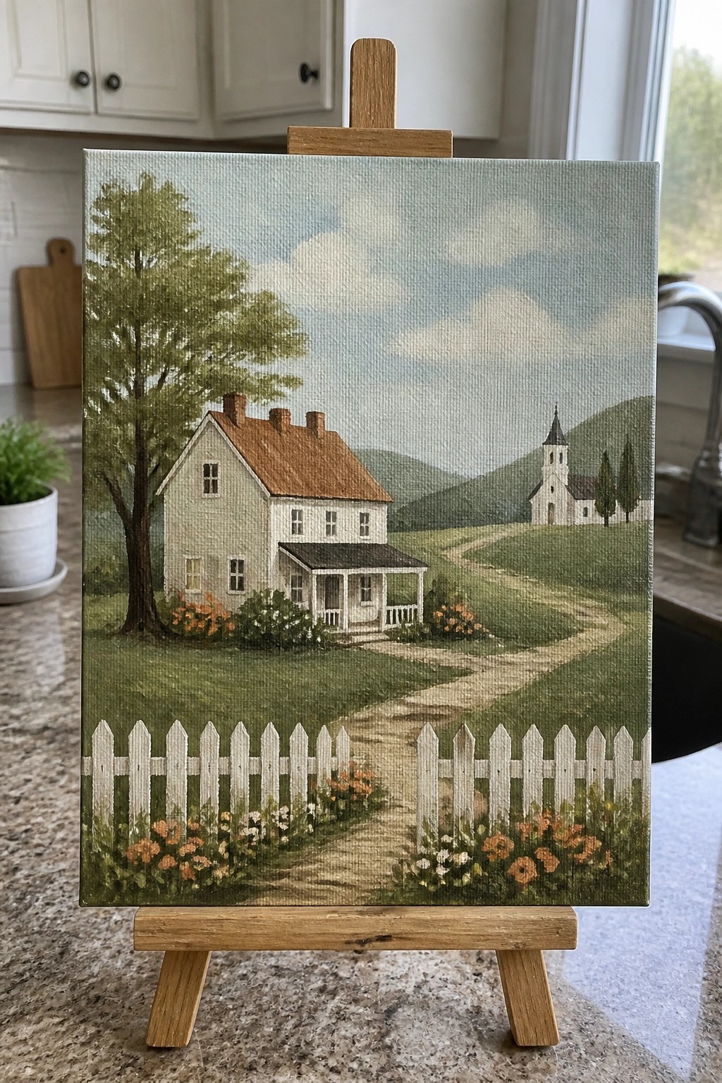 Canvas painting of a white house with brown roof behind a white picket fence, orange flowers, and a path leading to a church on a hill.