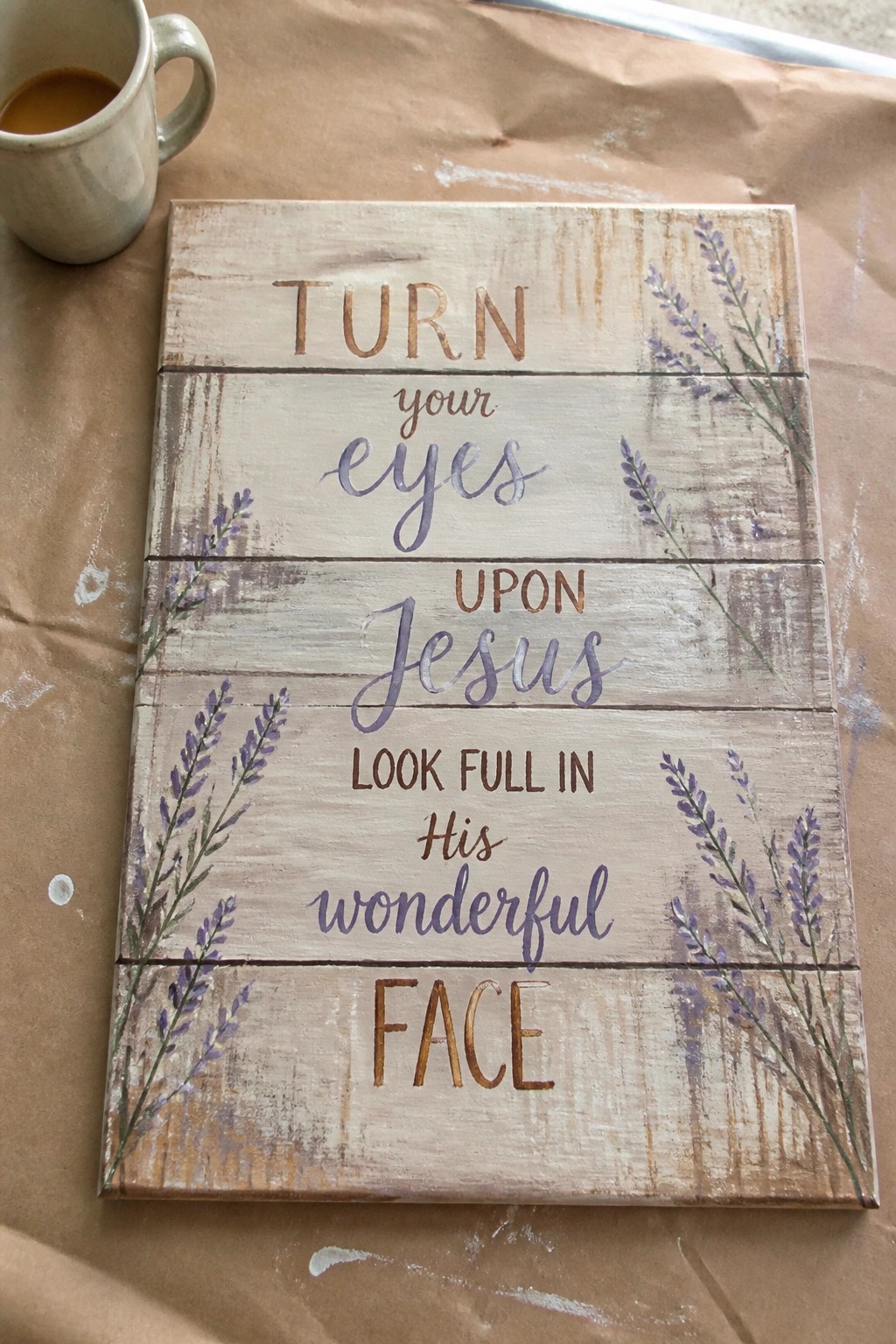 Rustic wooden sign with lavender flowers and