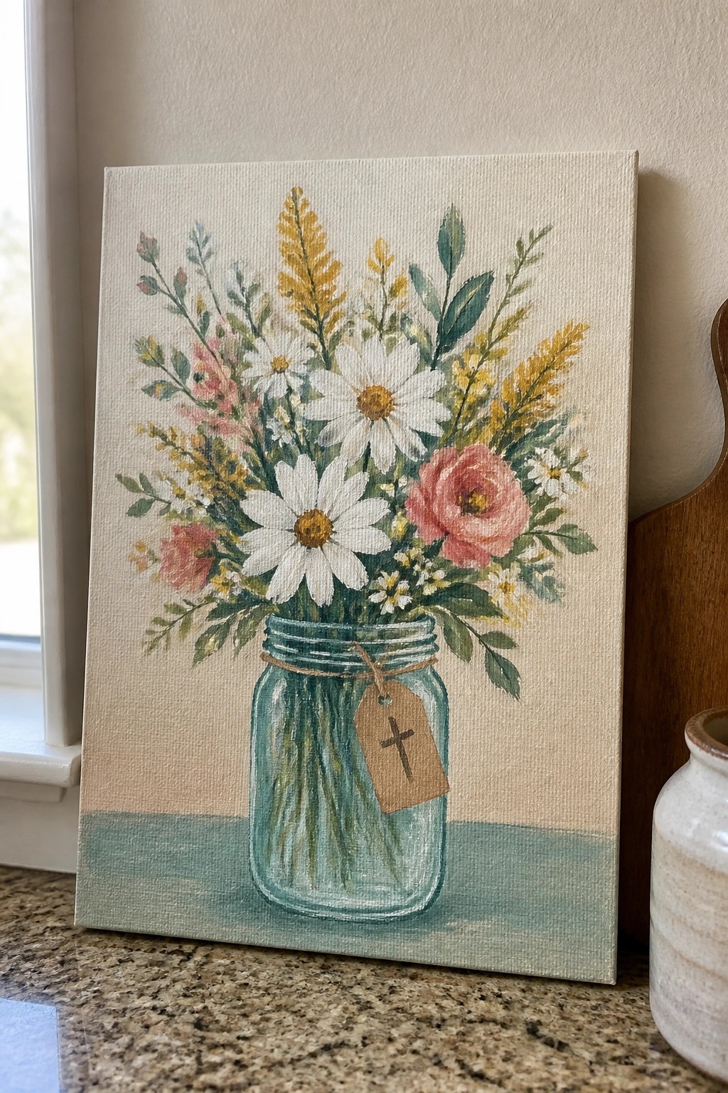 Watercolor painting of daisies and roses in a teal mason jar with cross tag.
