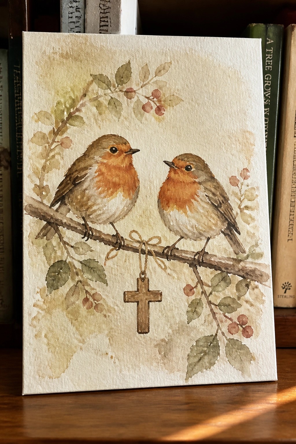 Watercolor painting of two robins on a branch with hanging wooden cross and foliage.