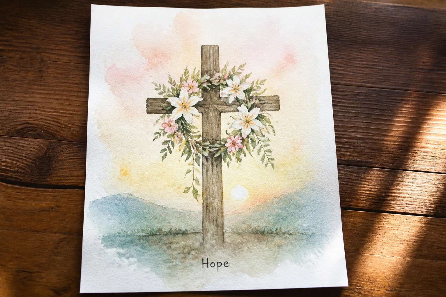 Watercolor of wooden cross with white flowers and vines over sunset landscape labeled Hope.
