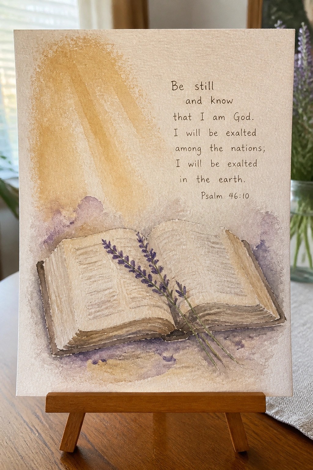 Watercolor of open book with lavender sprig beside Psalm 46:10 text on easel.