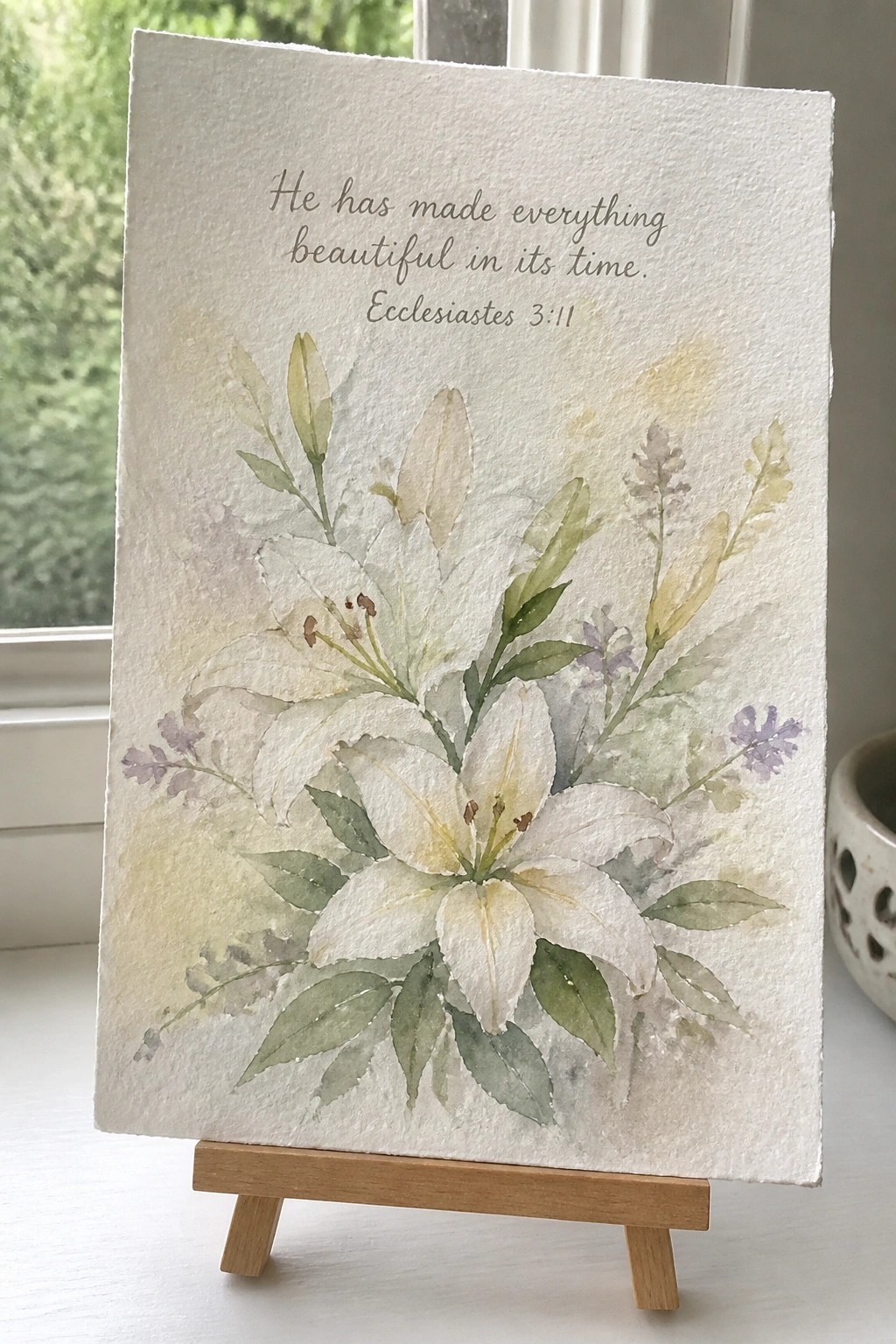 Watercolor painting of white lilies with Bible verse on wooden easel