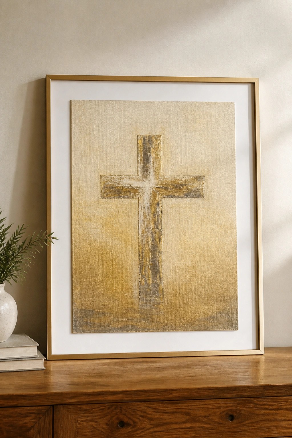 Framed gold cross painting on wooden table beside books and white vase.