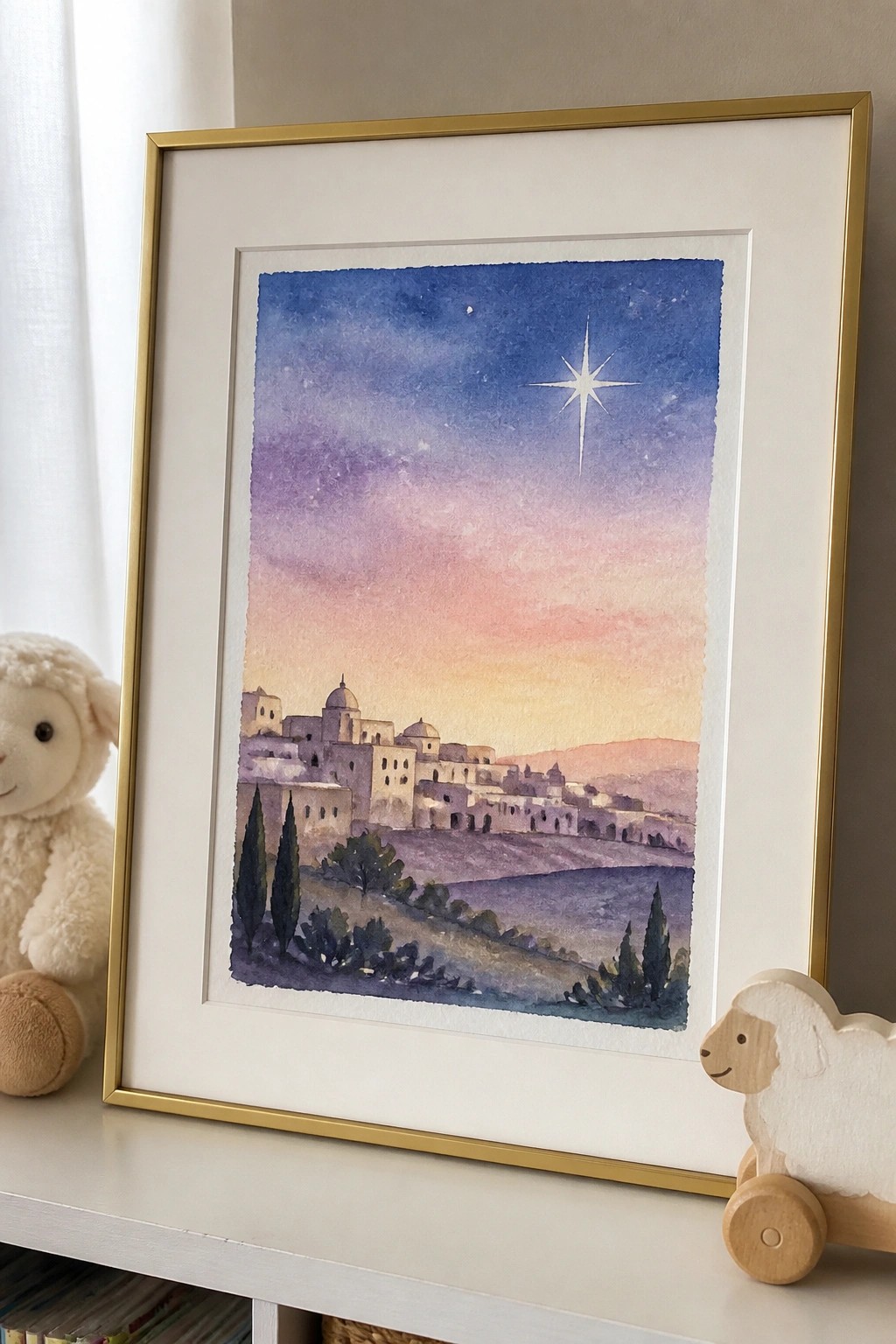 Framed watercolor of hillside town under starry dusk sky with lamb toys beside it