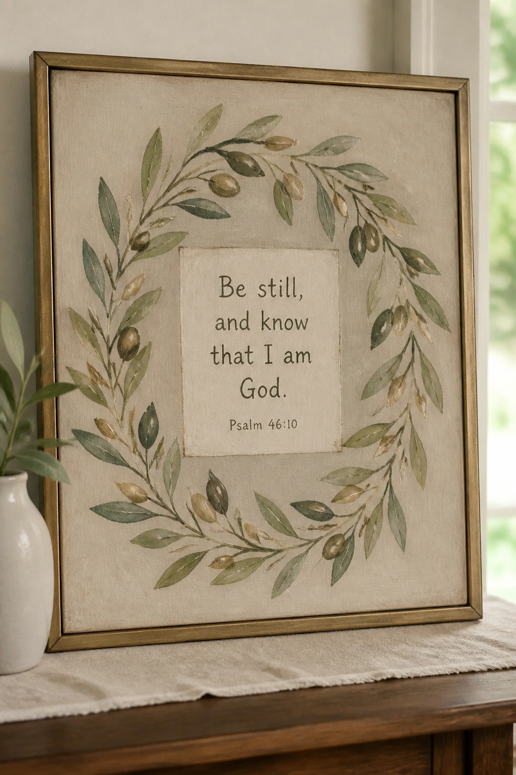 Framed watercolor artwork with olive wreath and 
