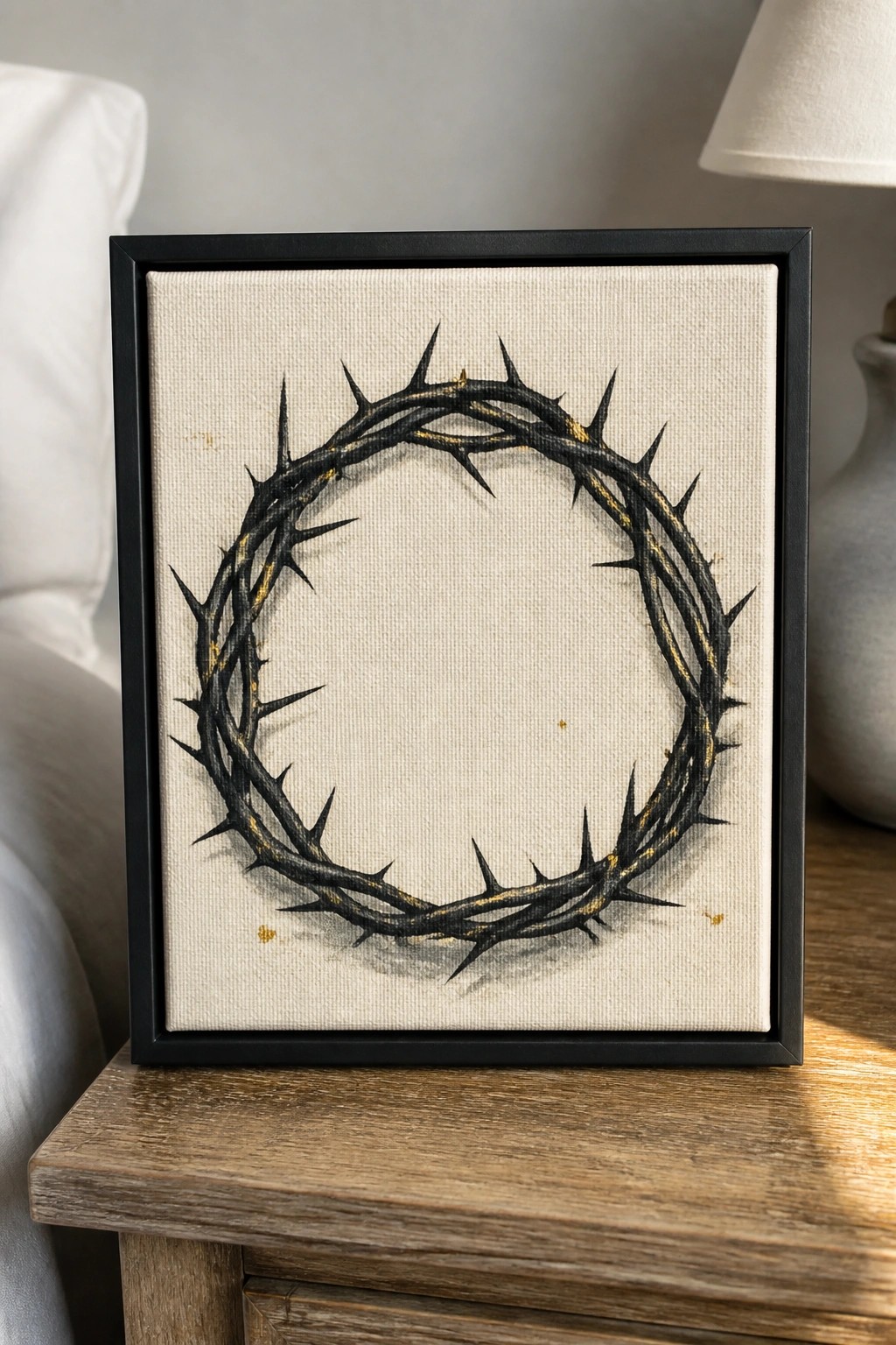 Black-framed canvas painting of a crown of thorns on wooden table