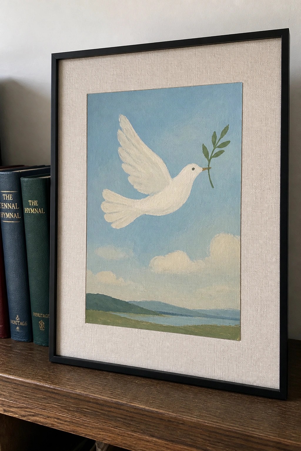 Framed painting of white dove with olive branch flying over blue landscape and hills