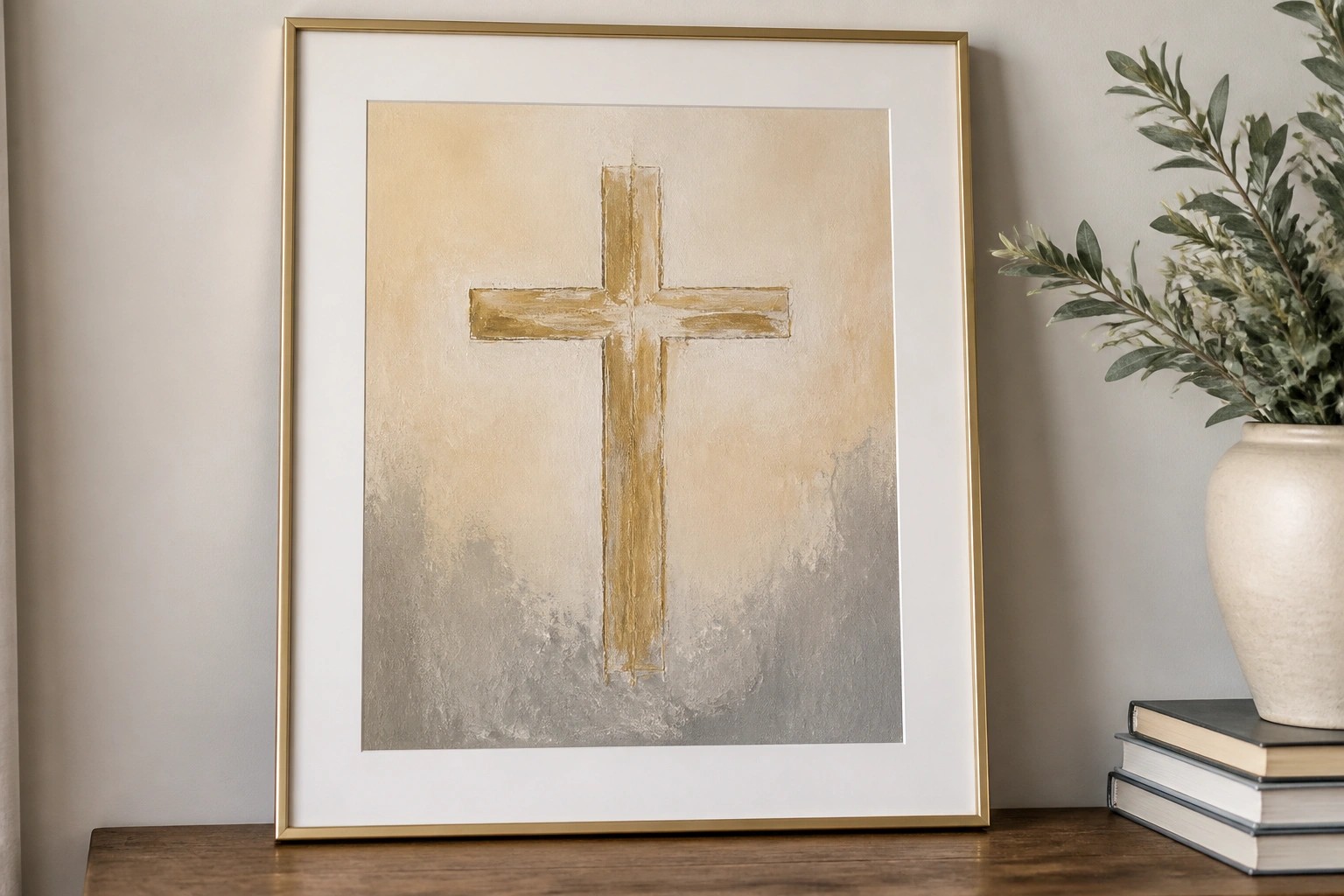 Framed gold cross painting on wooden table beside books and white vase.