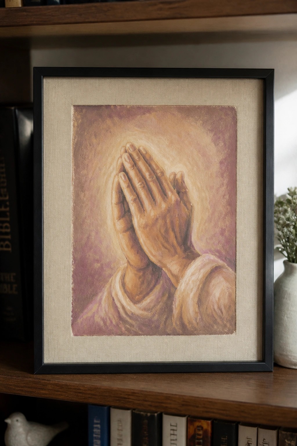 Framed painting of praying hands with glowing purple and golden aura on wooden shelf