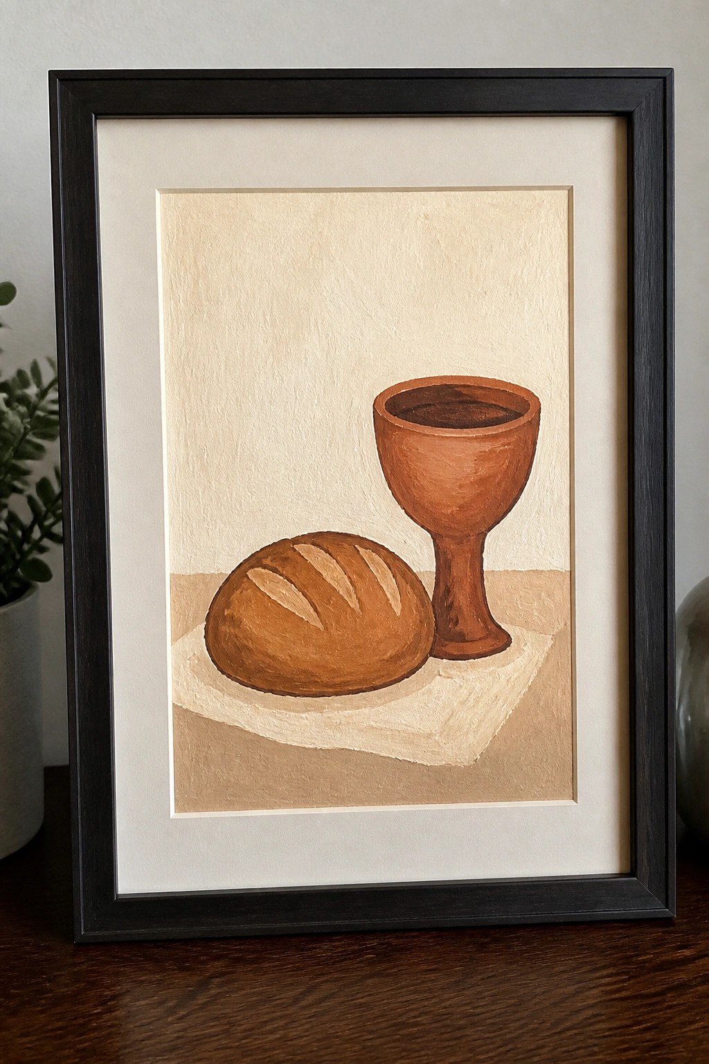 Framed still life painting of bread loaf beside brown chalice on cloth