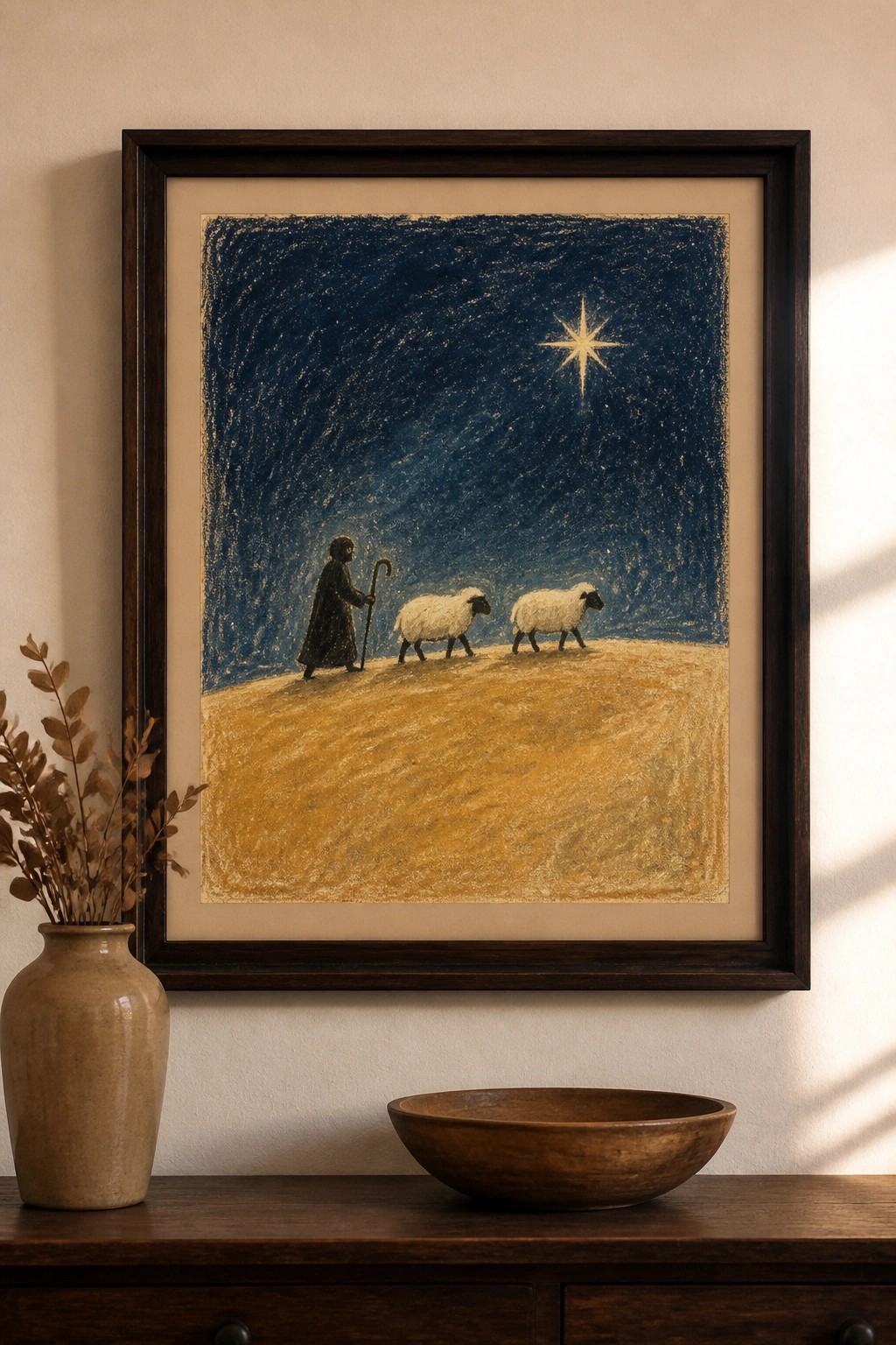 Framed drawing of shepherd and sheep under starry night sky above vase and wooden bowl