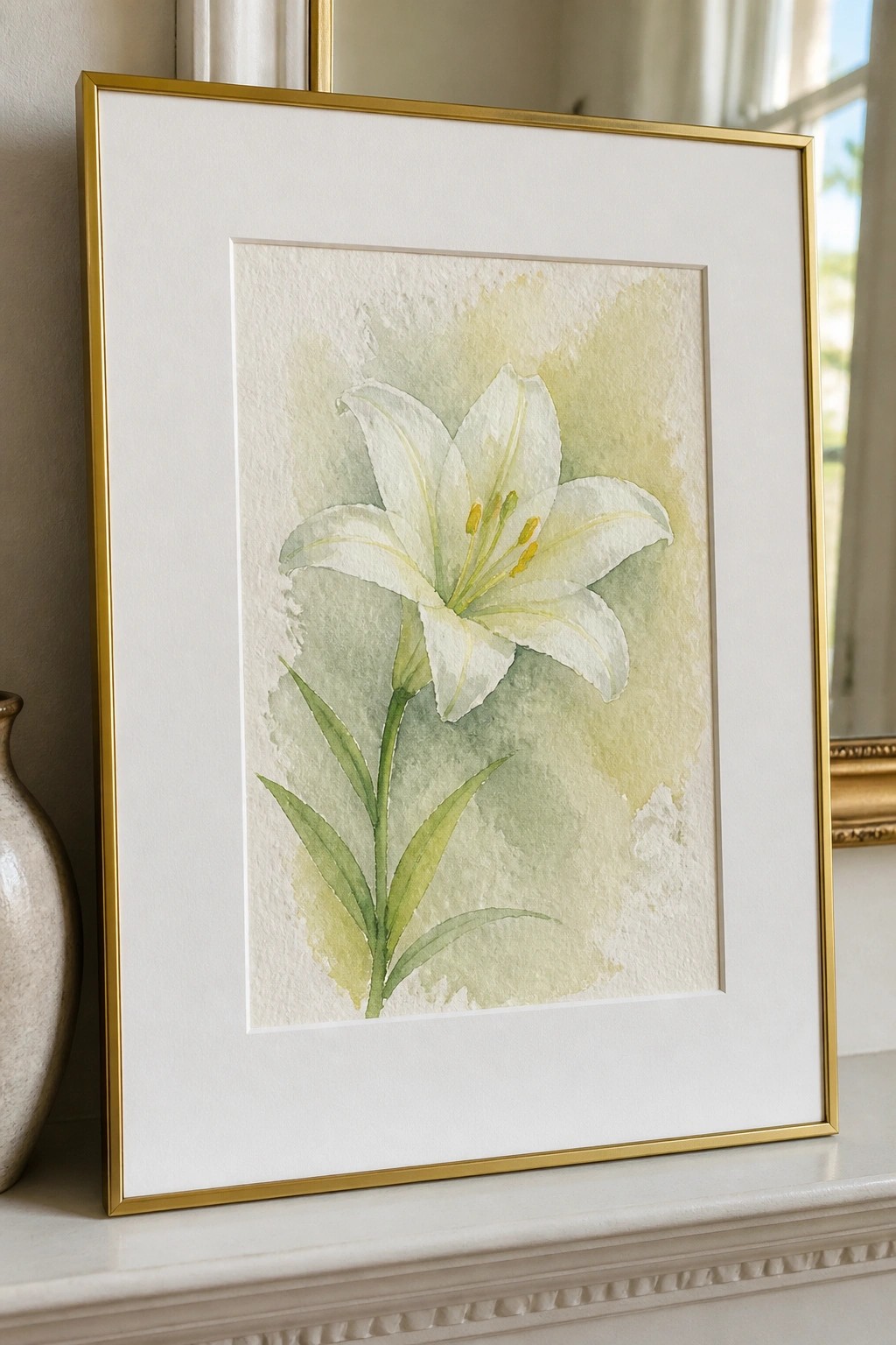 Gold-framed watercolor of white lily with green leaves on white mantel.