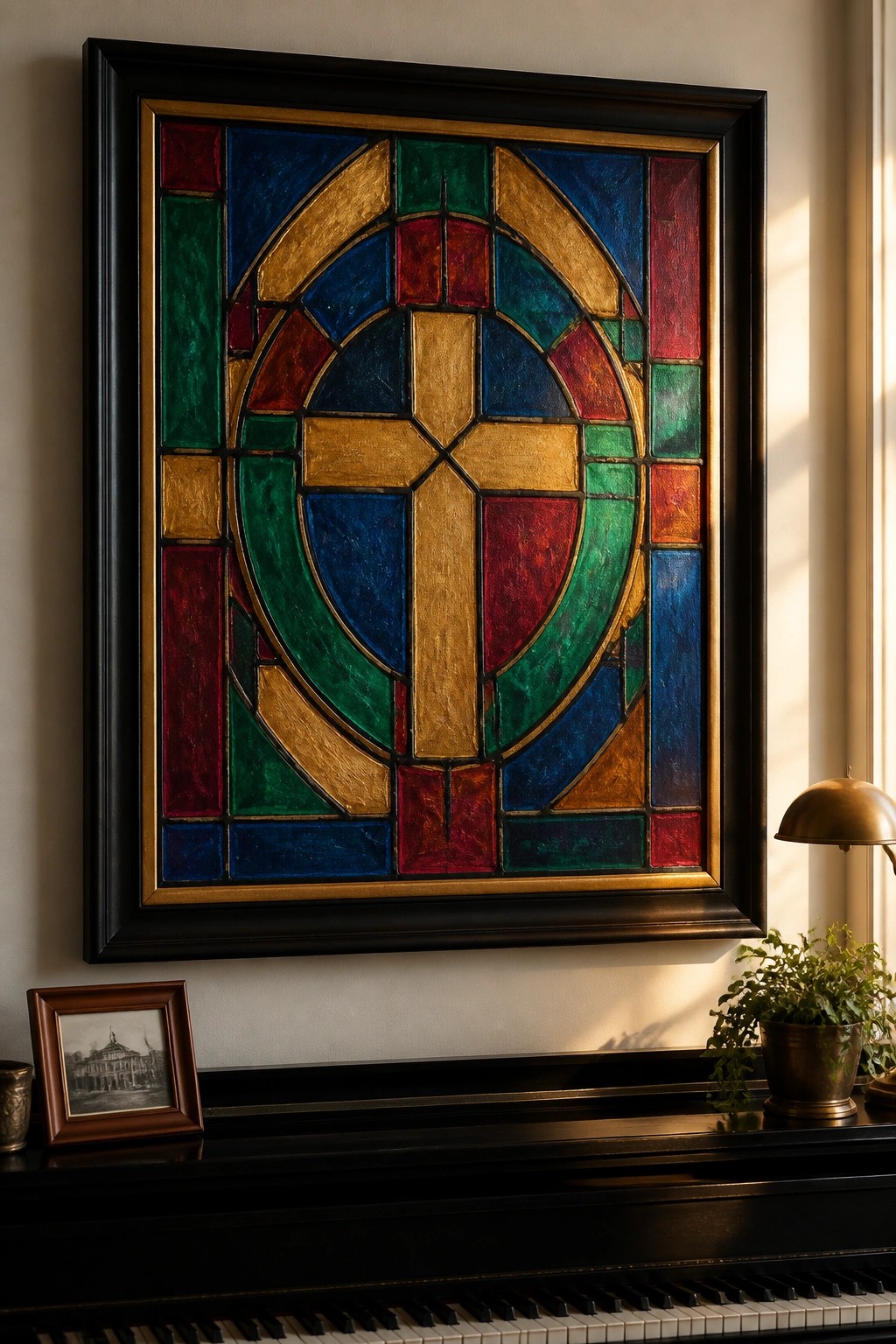 Colorful stained glass cross artwork in black frame above black piano
