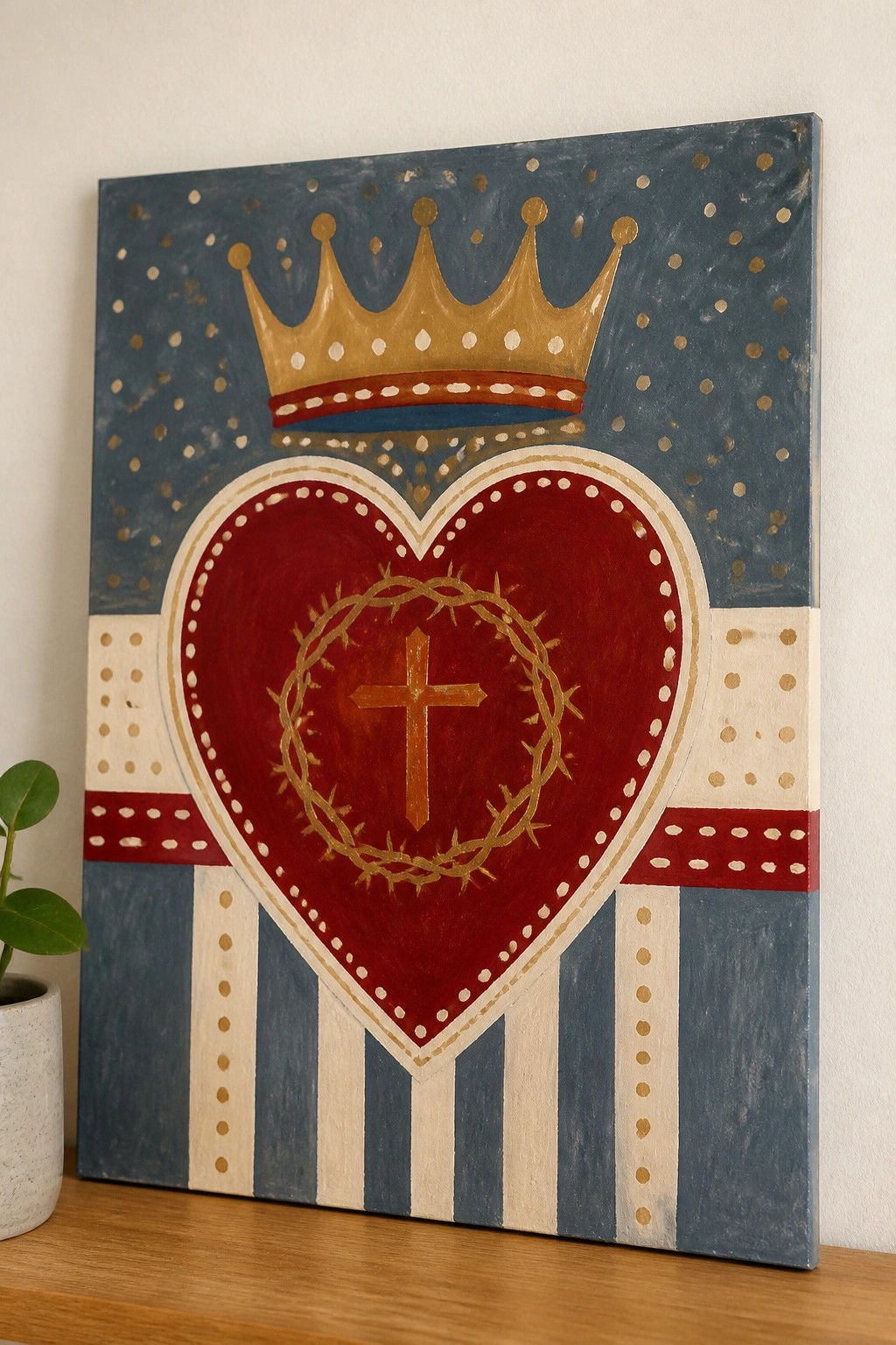 Red heart with golden crown, cross and thorns on blue striped canvas with dots
