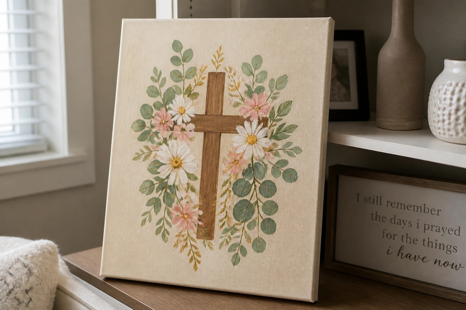 Watercolor canvas painting of brown cross with white daisies, pink roses, and eucalyptus.
