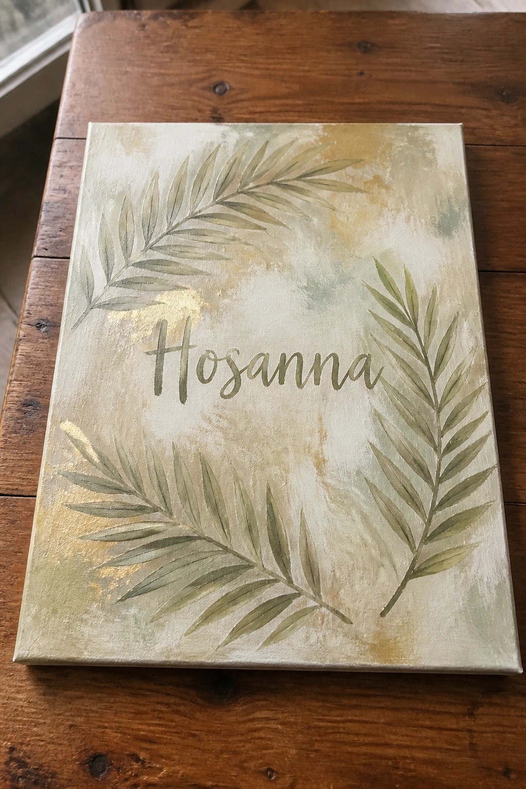 Canvas with green palm leaves, gold accents, and 