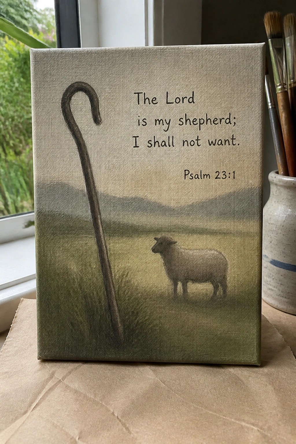 Canvas painting of shepherd's crook, sheep in meadow, and Psalm 23:1 text