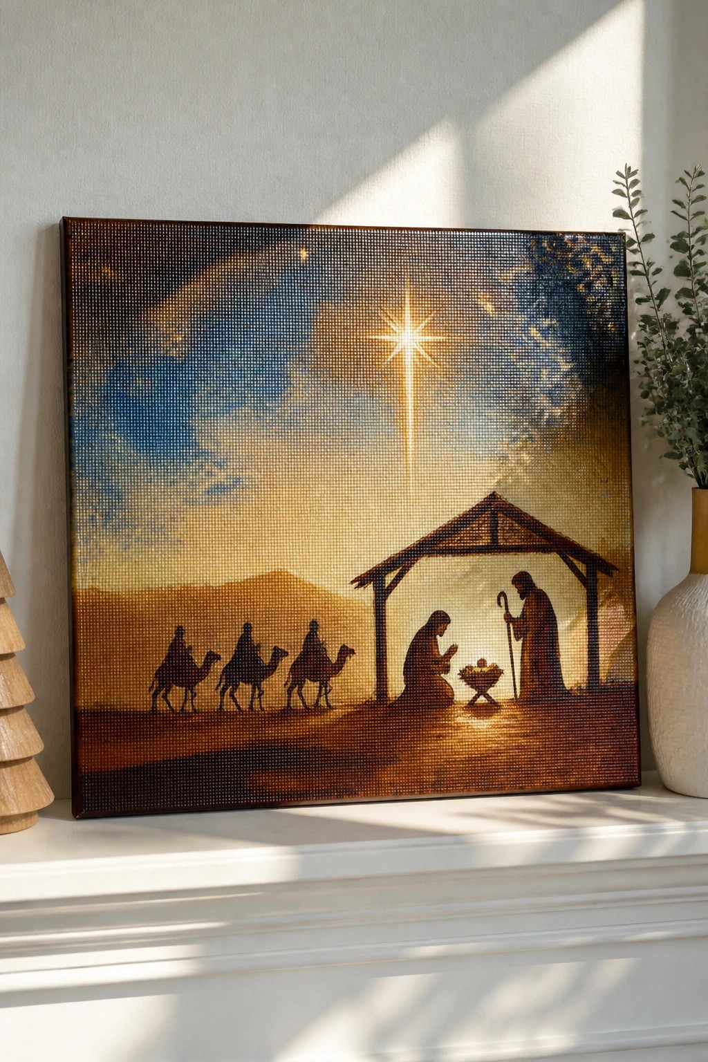 Pointillist nativity scene with bright star, wise men on camels, and stable.