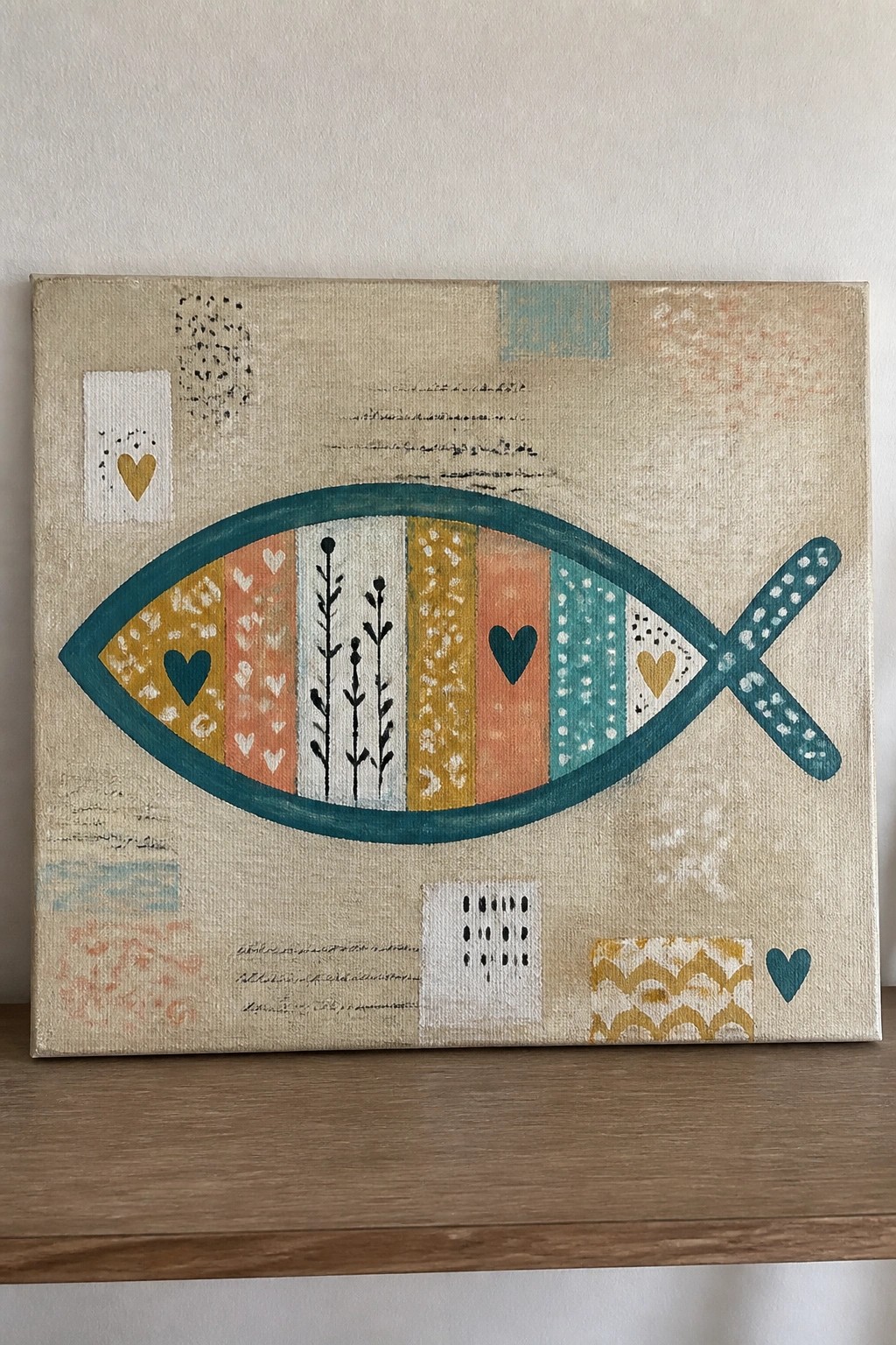 Colorful striped fish painting with hearts and patterns on beige canvas resting on wood